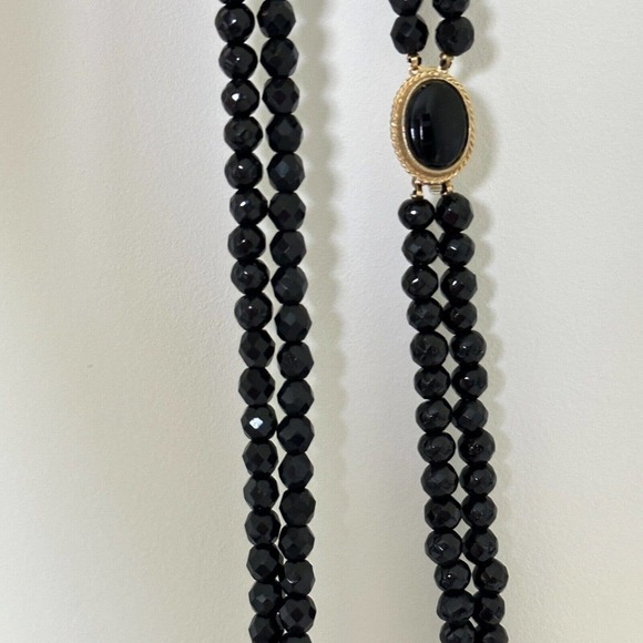 Antique Vintage Black Jet Faceted Bead Double Strand Long Statement Necklace 30" - Picture 6 of 12